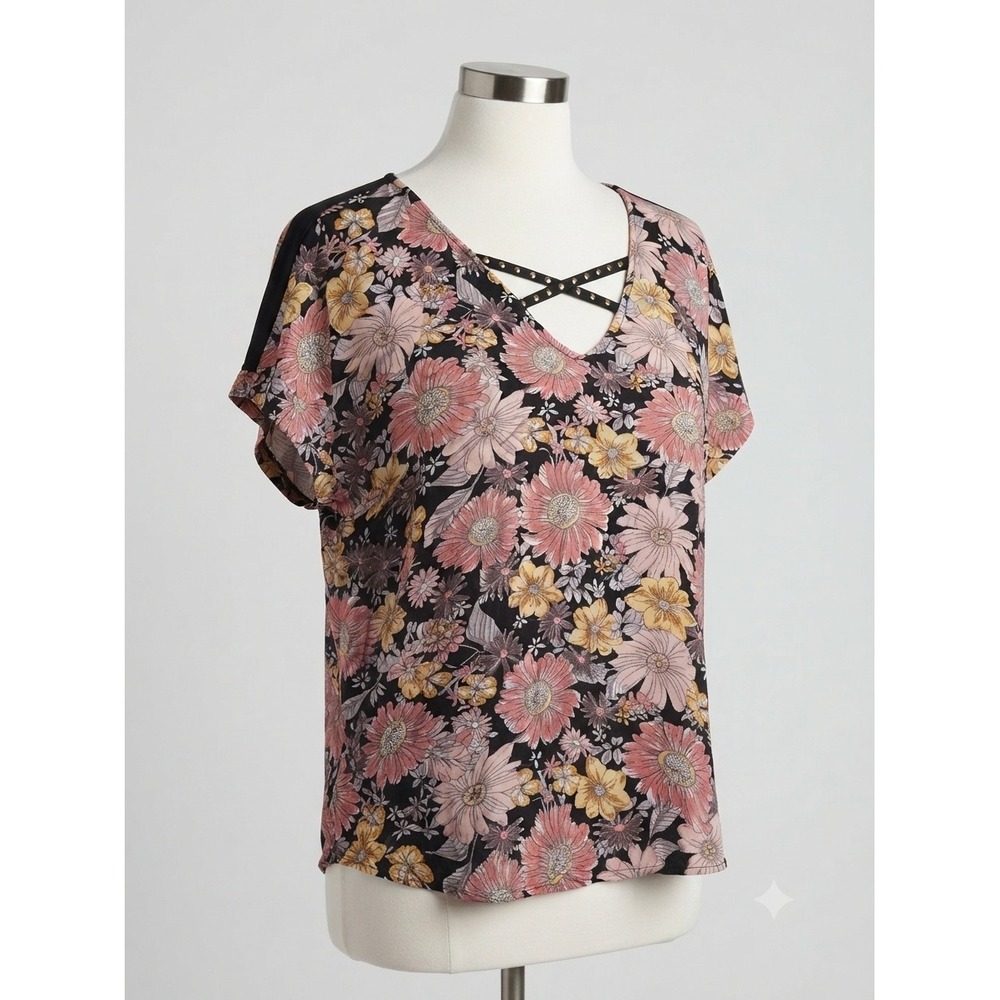 Maurices Womens Edgy Floral Studded Strappy V-Neck‎ Top Black Pink Yellow Size M
